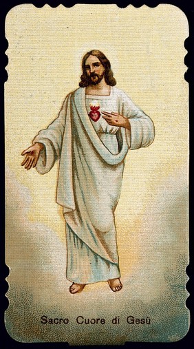 Christ, in the form in which he appeared to S. Marguerite-Marie Alacoque, showing the Sacred Heart. Colour process print.