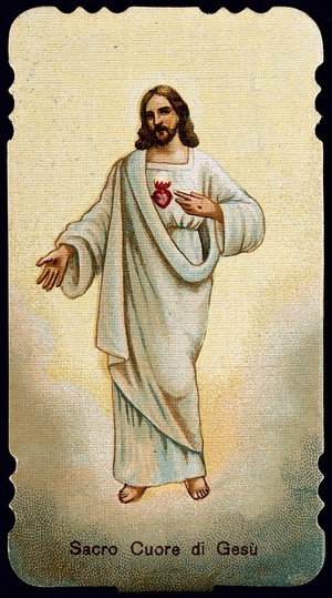 view Christ, in the form in which he appeared to S. Marguerite-Marie Alacoque, showing the Sacred Heart. Colour process print.