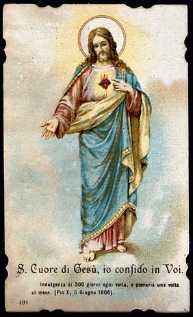 Christ showing his Sacred Heart. Colour lithograph.