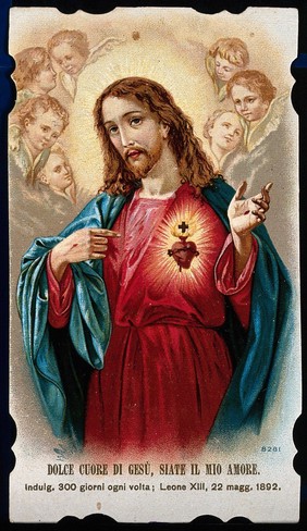 Christ showing his Sacred Heart. Colour lithograph.