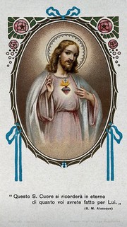 A believing soul embracing Christ's Sacred Heart. Colour lithograph, ca. 1898.