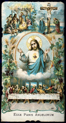 Christ blessing and showing his Sacred Heart; underneath the Last Supper; above the Nativity and the Crucifixion. Process print.