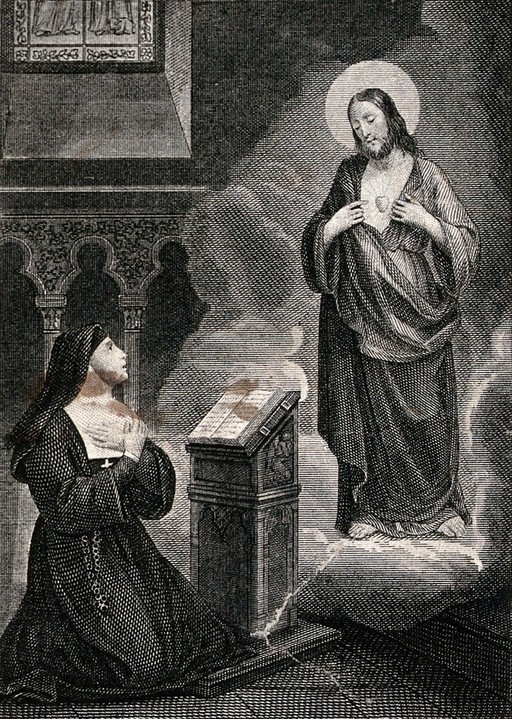 Christ appears to the Blessed Margaret Mary Alacoque. Engraving.