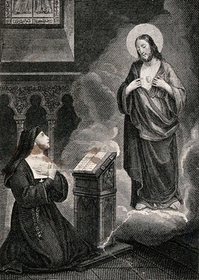 Christ appears to the Blessed Margaret Mary Alacoque. Engraving by F. Spagnoli.