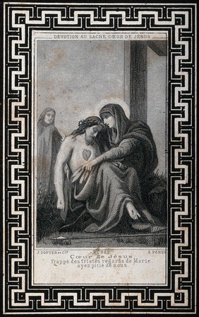 The Pietà with Christ's Sacred Heart appearing on his chest. Engraving.