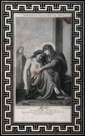 view The Pietà with Christ's Sacred Heart appearing on his chest. Engraving.