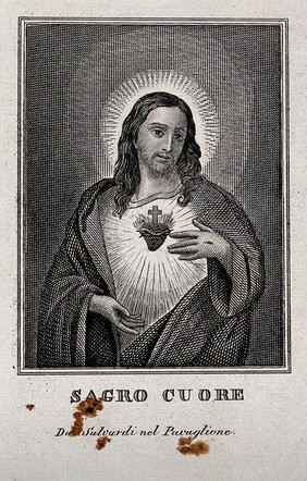 Christ showing his Sacred Heart. Engraving.
