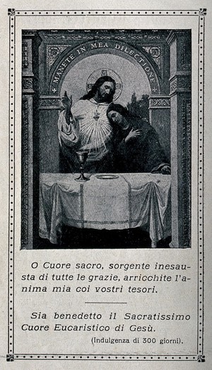 view Christ with Saint John the Evangelist lying on his bosom; behind a table with the Eucharist showing the Sacred Heart. Process print.