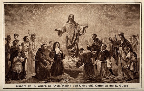 Christ with the Sacred Heart venerated by the Church represented by members of the orders. Process print.