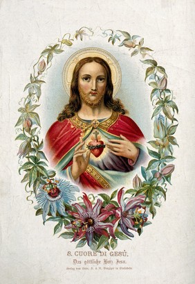 Christ showing his Sacred Heart. Colour lithograph.