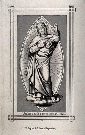 Christ before the image of his side wound, showing his Sacred Heart. Engraving.