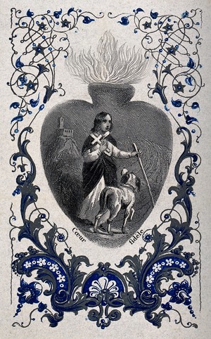 view The Sacred Heart bearing a scene of a believer carrying a cross and being accompanied by a dog. Colour lithograph.