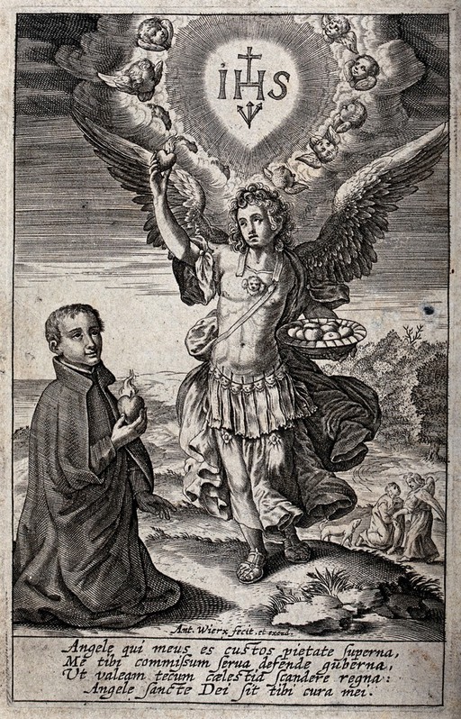 A believer who is holding the Sacred Heart is kneeling before the Archangel Raphael, who presents the Sacred Heart; above Raphael appears the Jesus monogram; behind him the scene of Raphael, Tobias and the fish. Engraving by Anthonie Wierx.