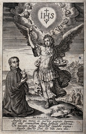 A believer who is holding the Sacred Heart is kneeling before the Archangel Raphael, who presents the Sacred Heart; above Raphael appears the Jesus monogram; behind him the scene of Raphael, Tobias and the fish. Engraving by Antonie Wierix.