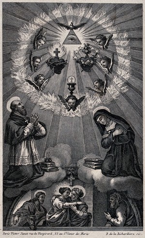 view The eye of God, with the dove of the Holy Spirit, the Sacred Hearts of Christ and the Virgin, and the Eucharist, venerated by a male saint and Saint Margaret Mary Alacoque; below, the Visitation with Joseph and Zacharias. Engraving by A.A. Bourgeois de la Richardiere.