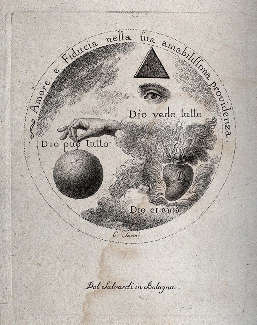 The eye of God, the hand of God and the Sacred Heart. Stipple engraving by Salvardi after C. Savini.
