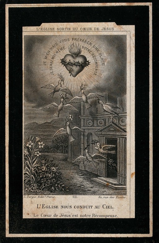 The Church leads us towards heaven: doves fly out of a church to venerate the Sacred Heart. Engraving.