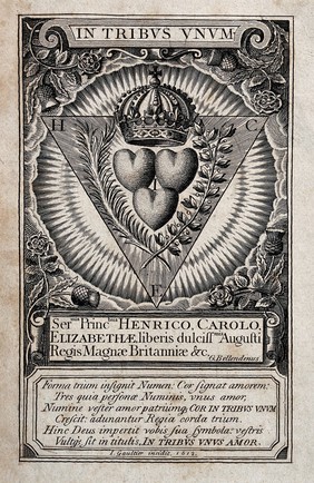 Three hearts under one crown, representing the three princes of Great Britain: Prince Henry, Prince Charles (the later King Charles I) and Princess Elizabeth). Engraving by L. Gaultier, 1612.