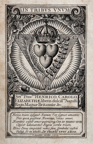 view Three hearts under one crown, representing the three princes of Great Britain: Prince Henry, Prince Charles (the later King Charles I) and Princess Elizabeth). Engraving by L. Gaultier, 1612.