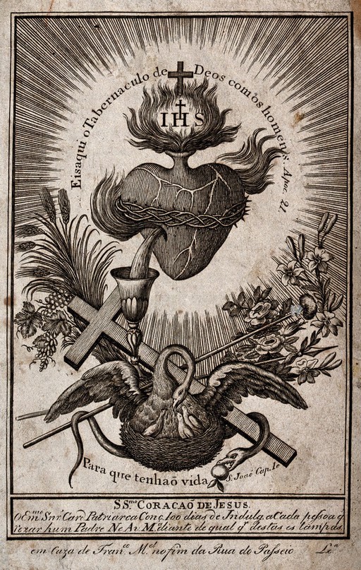 The Sacred Heart, a chalice filled with blood from it and Instruments of the Passion; underneath the pelican feeding its offspring with its own blood. Etching.