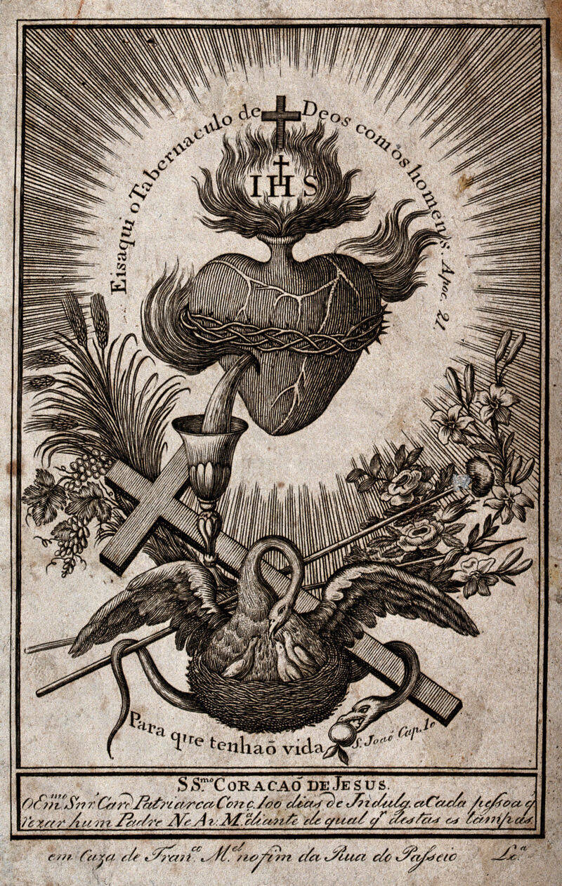 The Sacred Heart, a chalice filled with blood from it and Instruments of  the Passion; underneath the pelican feeding its offspring with its own  blood. Etching. | Wellcome Collection