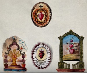 view Four images of the Sacred Heart; left: the Sacred Heart on an altar; middle top: the Sacred Heart; middle bottom the Sacred Heart; right: the Sacred Heart flourishing in a landscape. Left, middle top and right: watercolour; middle bottom: collage and process print.