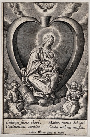 view The Virgin suckling the Christ Child sitting in the believer's heart, accompanied by two angels singing and playing a string instrument. Engraving by A. Wierix.
