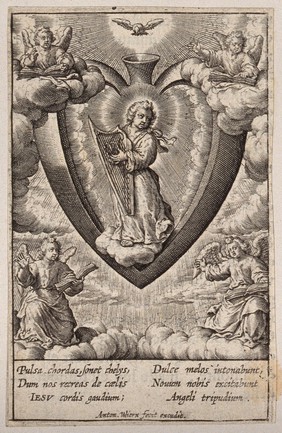 The Christ Child playing the harp in the believer's heart, which is surrounded by angels. Engraving by A. Wierix, ca. 1600.