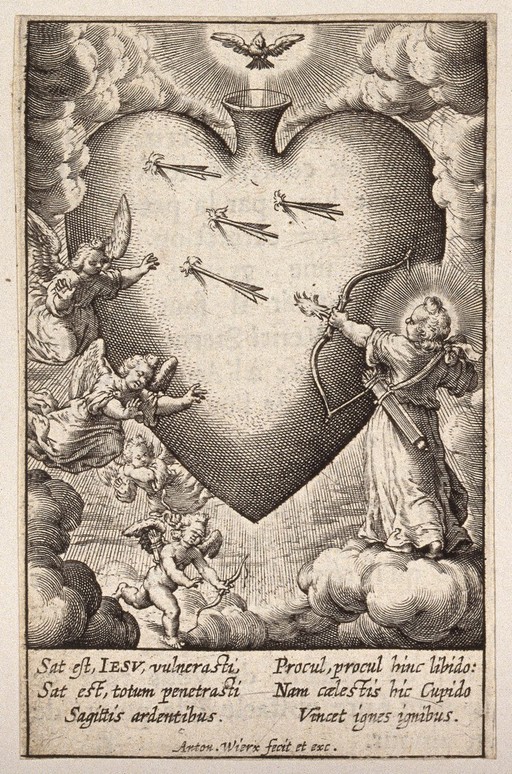 Christ shooting arrows into the believer's heart. Engraving by A. Wierix.