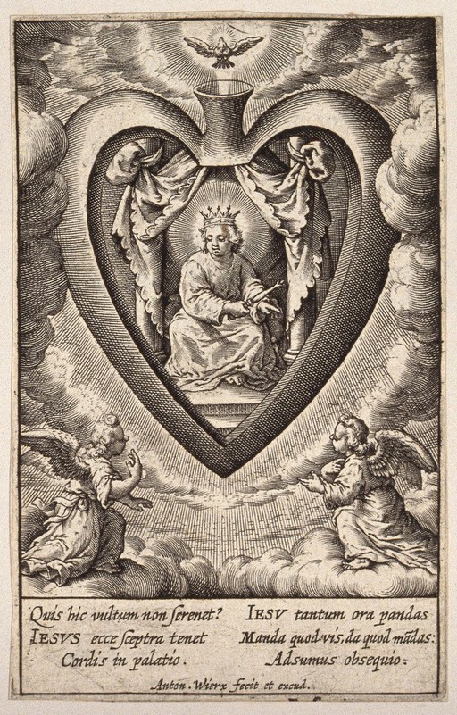 Christ enthroned in the believer's heart, venerated by angels. Engraving by A. Wierix.