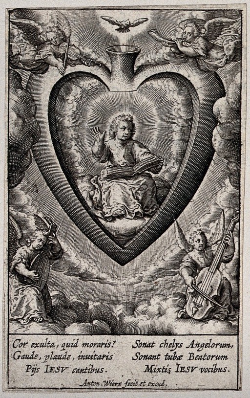 Christ sings in the believer's heart, joined by angels with musical instruments at the sides. Engraving by A. Wierix.