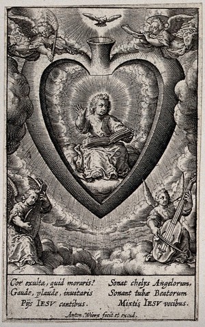 view The Christ Child, in the believer's heart, beats the time from a songbook while angels accompany him with musical instruments. Engraving by A. Wierix, ca. 1600.