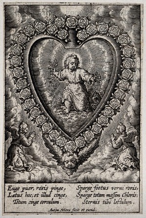 view The Christ Child strews a bed of roses for himself inside the believer's heart which is surrounded by roses and venerated by angels. Engraving by A. Wierix, ca. 1600.