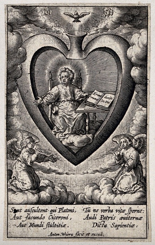 Christ sitting at a desk in the believer's heart, being praised by angels. Engraving by A. Wierix.
