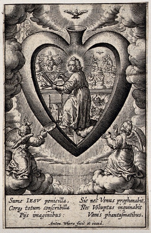 Christ painting pictures (the Last Judgement, the Assumption of the Virgin and a scene from hell) on the inner wall of the believer's heart. Engraving by A. Wierix.