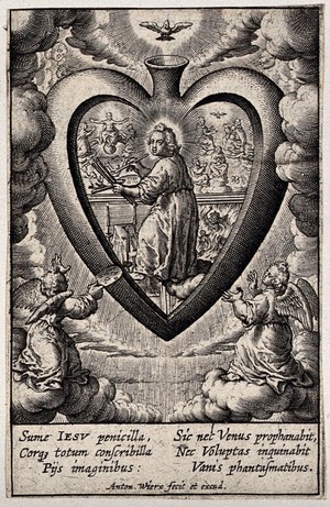 view The Christ Child painting pictures (the Last Judgment, the Assumption of the Virgin and a scene from hell) on the inner wall of the believer's heart. Engraving by A. Wierix, ca. 1600.