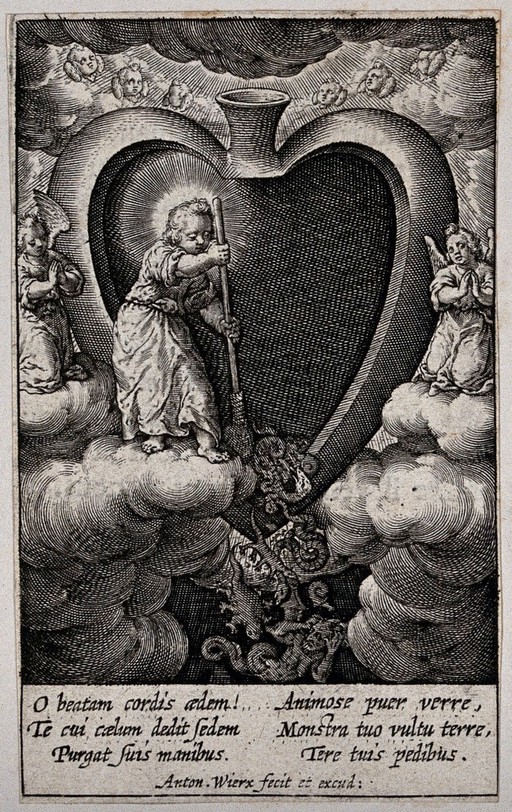 Christ clearing demons out of the believer's heart with a broom. Engraving by A. Wierix.