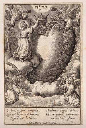 view The Christ Child, helped by angels, bestows a crown on the believer's heart, which is bedecked with palm branches. Engraving by A. Wierix, ca. 1600.