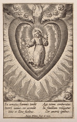 view The Christ Child setting alight the believer's heart with the fire of his wounds. Engraving by A. Wierix, ca. 1600.