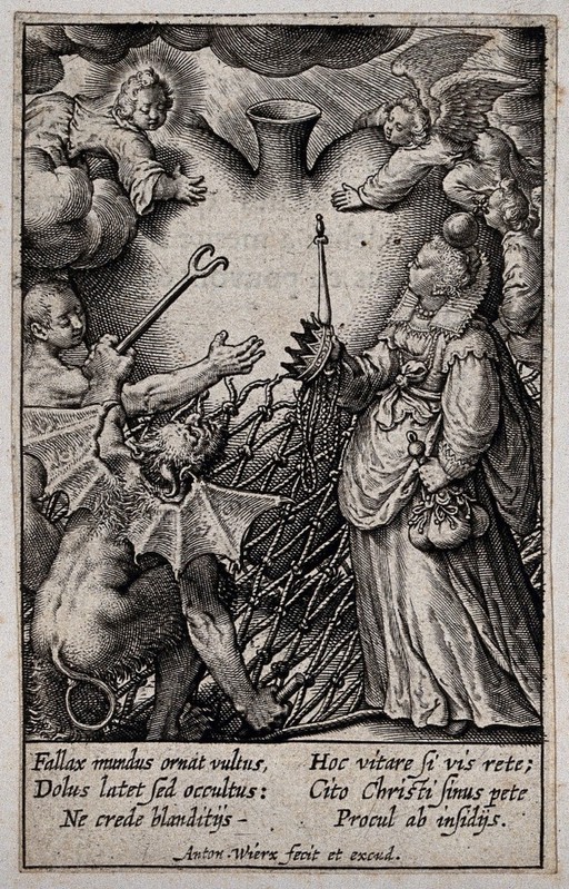 Christ preserves the believer's heart from false worldly decoration, captivity and pain. Engraving by A. Wierix.