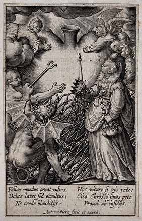 The Christ Child preserves the believer's heart from a snare in which the devil tries to trap it, and from worldly blandishments. Engraving by A. Wierix, ca. 1600.