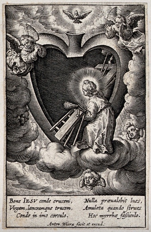 Christ deposits the Instruments of the Passion inside the believer's heart. Engraving by A. Wierix.
