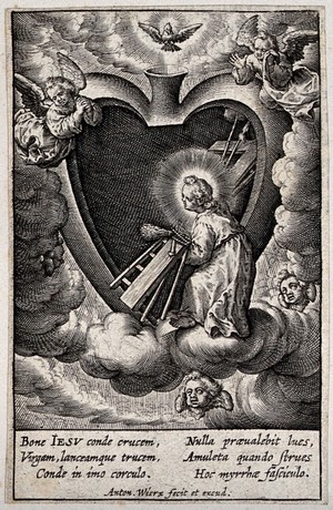 view The Christ Child deposits the Instruments of the Passion inside the believer's heart. Engraving by A. Wierix, ca. 1600.