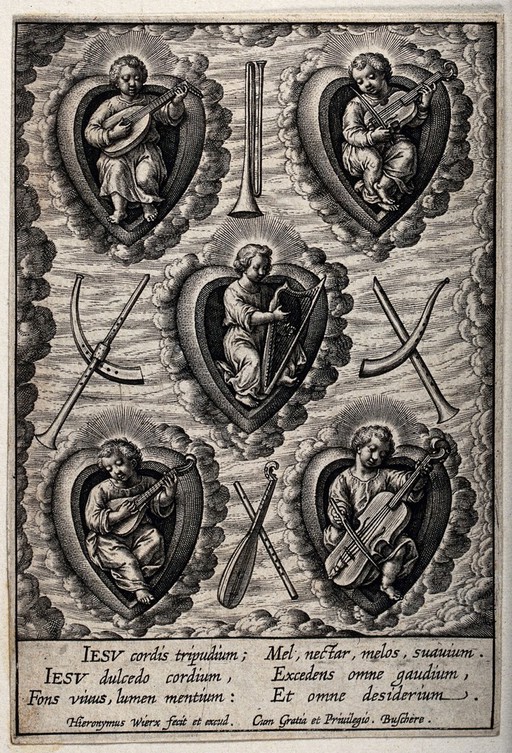 Christ playing musical instruments in the believer's heart. Engraving by H. Wierix.
