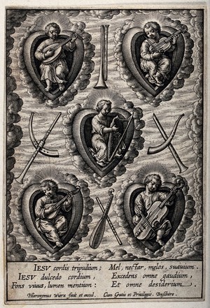 view Christ playing musical instruments in the believer's heart. Engraving by H. Wierix.