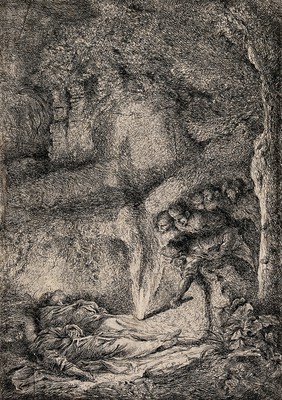 The finding of the bodies of Saint Peter and Saint Paul. Etching by G.B. Castiglione.