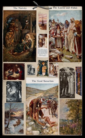 view Episodes in the Bible and examples of devotional practice. Collage of colour lithographs and process prints after Harold Copping and others.