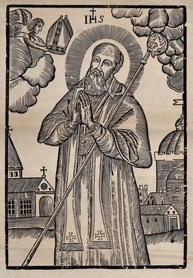 Saint Nicholas (?) receiving the mitre through the hand of an angel; above him the Jesus monogram. Woodcut.