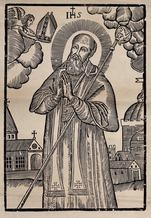 view Saint Nicholas (?) receiving the mitre through the hand of an angel; above him the Jesus monogram. Woodcut.