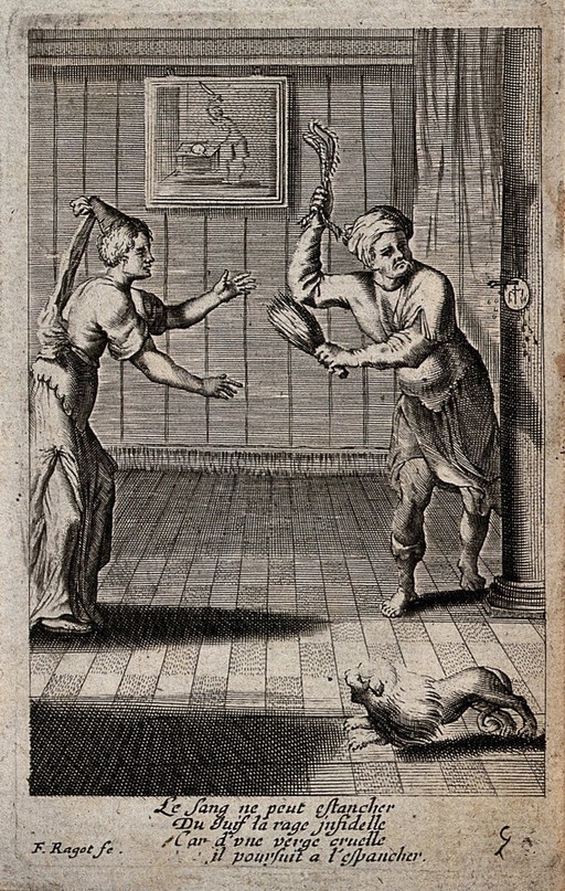 The stolen Host, fifth episode: the Jewish merchant flagellates the bleeding Host. Etching by F. Ragot.